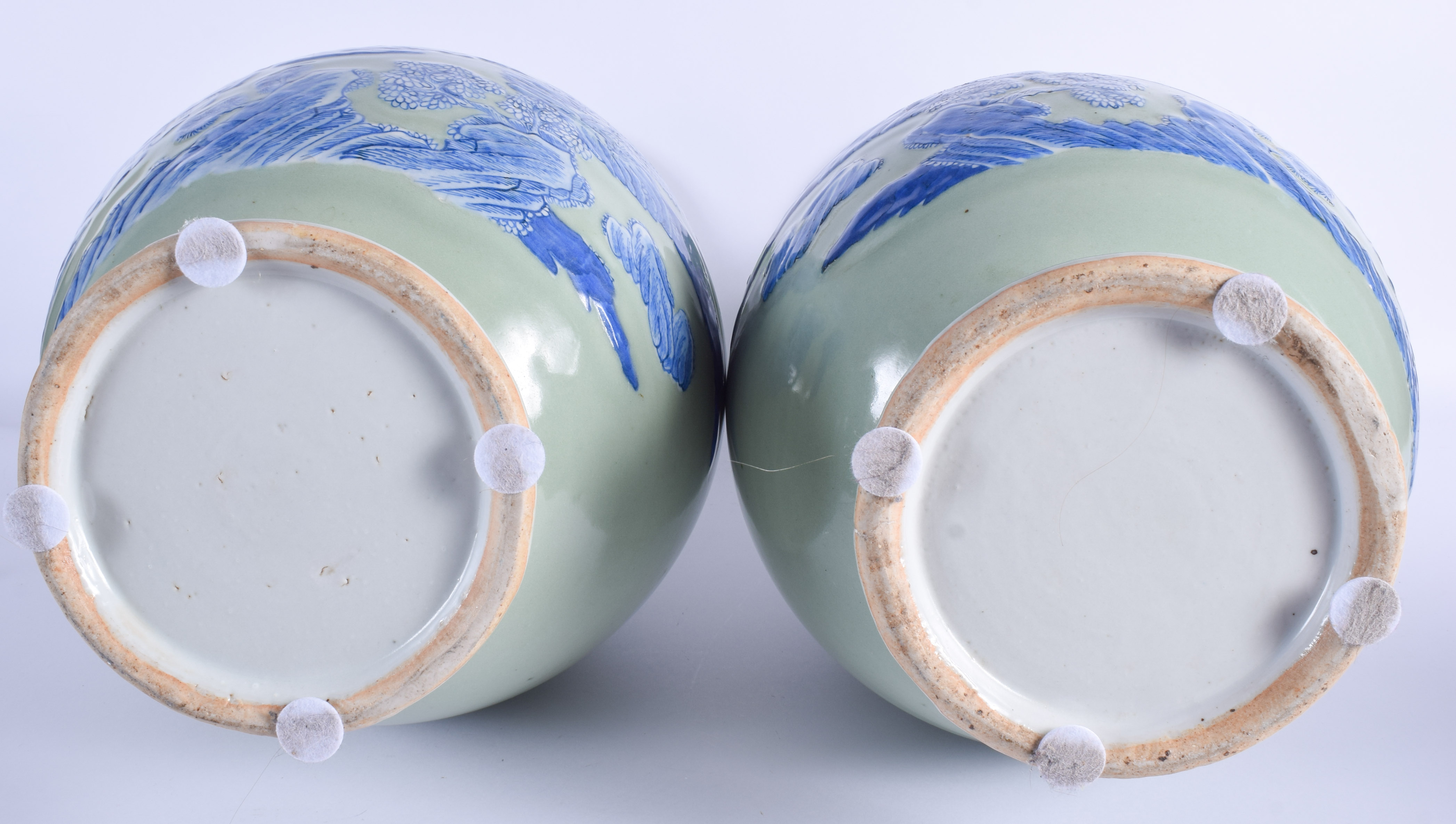 A LARGE PAIR OF 19TH CENTURY CHINESE CELADON BLUE AND WHITE VASES Late Qing, painted with figures in - Image 6 of 7