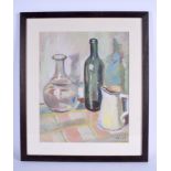 A 1940S EUROPEAN PASTEL OIL PAINTING Still Life, Bottles & Jug. Image 30 cm x 37 cm.