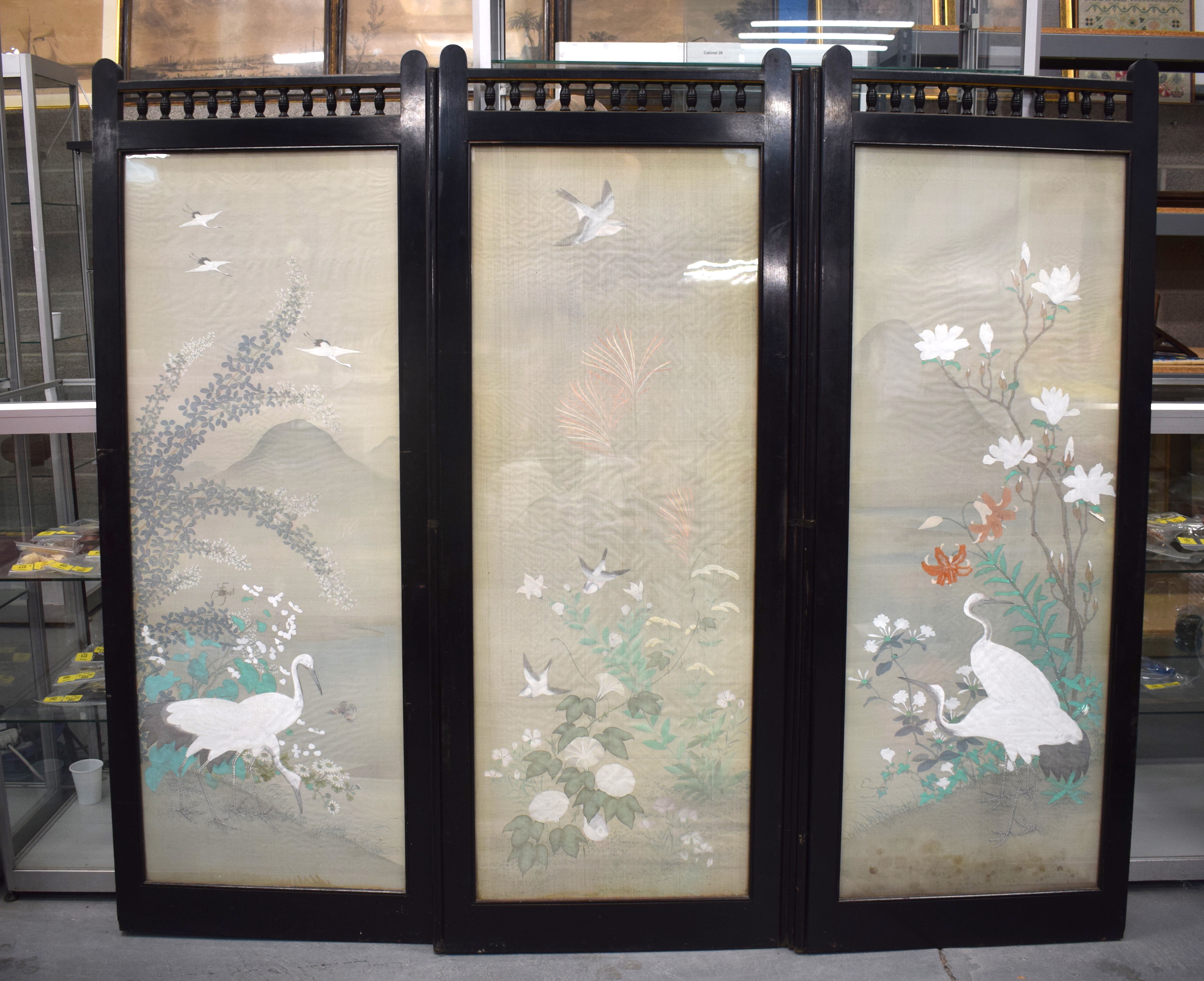 A 19TH CENTURY JAPANESE MEIJI PERIOD THREE PANEL SILKWORK SCREEN painted with birds within a landsca - Image 8 of 27