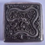 A 19TH CENTURY CHINESE EXPORT SILVER CIGARETTE CASE decorated with dragons. 111 grams. 8 cm square.