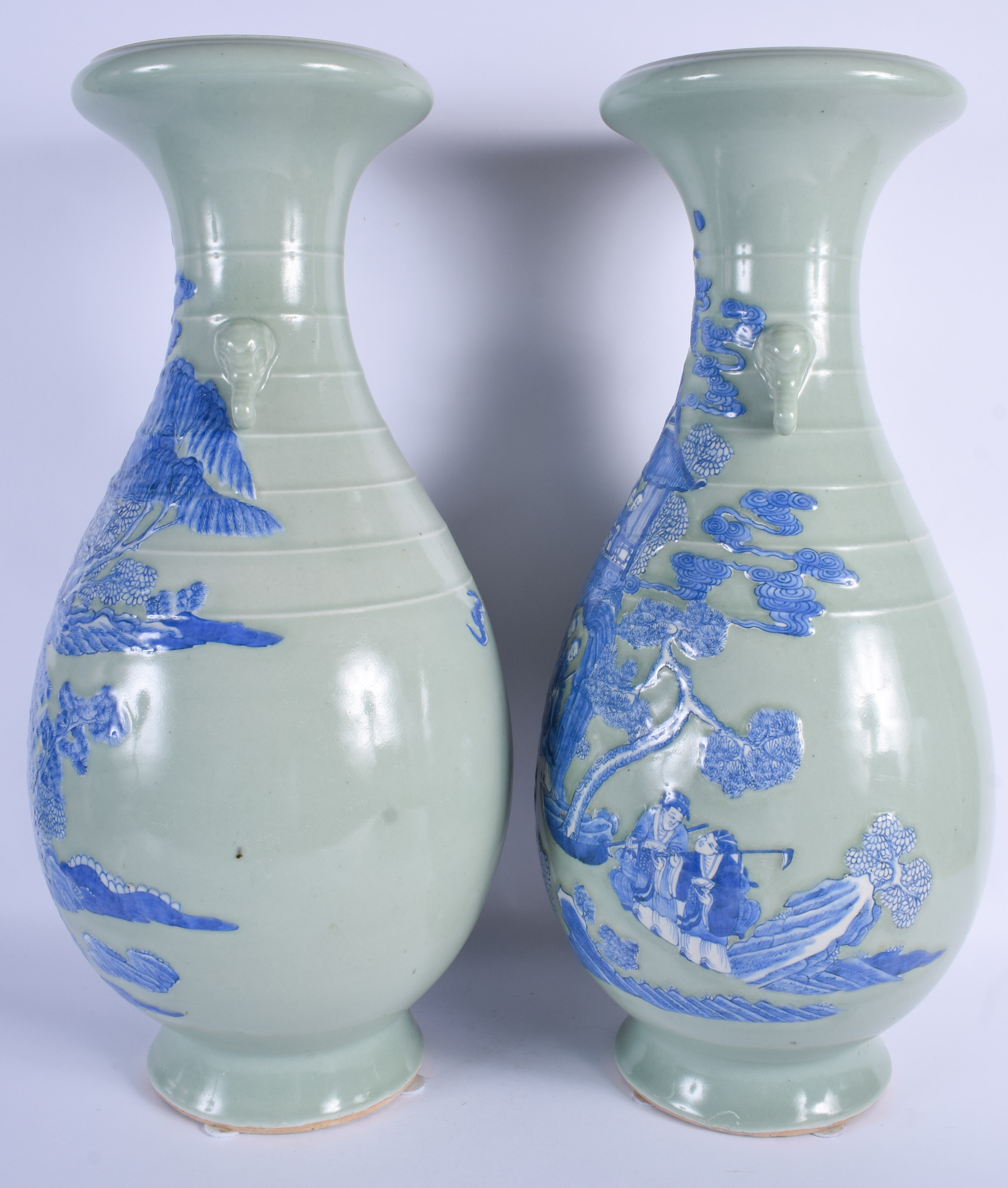 A LARGE PAIR OF 19TH CENTURY CHINESE CELADON BLUE AND WHITE VASES Late Qing, painted with figures in - Image 2 of 7