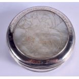 A RARE 18TH CENTURY SILVER AND MOTHER PEARL SNUFF BOX with inscription to top and bottom. 5.7 oz. 9.