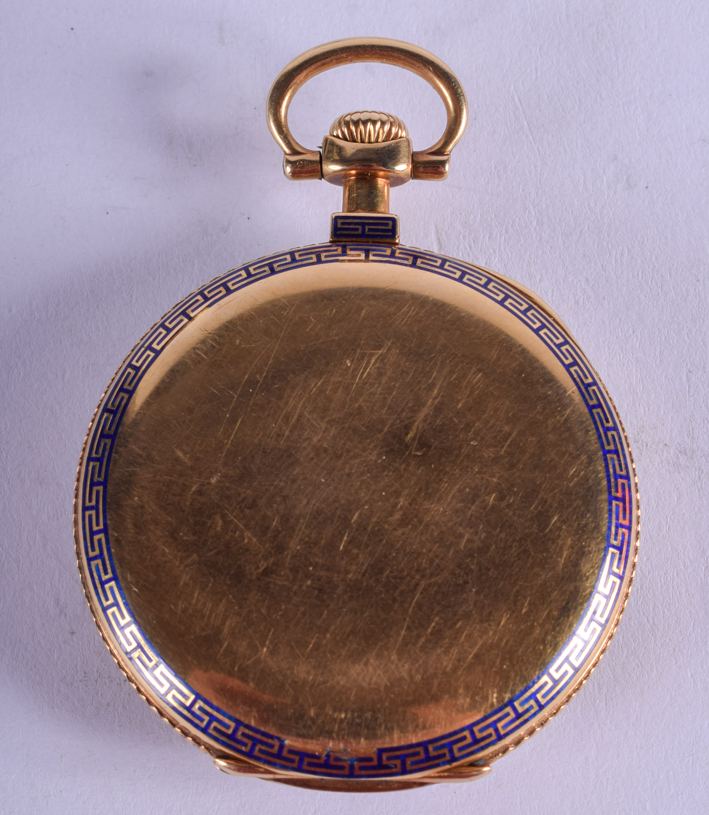 A FINE 18CT GOLD SWISS PATEK PHILIPPE ENAMEL POCKET WATCH with Greek key banding. 62.4 grams overall - Image 2 of 5