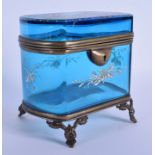 AN ANTIQUE MARY GREGORY ENAMELLED BLUE CASKET painted with figures. 12 cm x 12 cm.