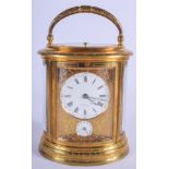 A 19TH CENTURY FRENCH REPEATING GRAND SONNERIE CARRIAGE CLOCK with dual foliate inscribed dial. 19 c