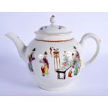 AN 18TH CENTURY WORCESTER TEAPOT AND COVER painted with a Chinese family. 17 cm wide.