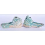 A PAIR OF 12TH/13TH CENTURY PERSIAN TURQUOISE GLAZED OIL LAMPS Iran. 14 cm x 7 cm. (2)