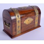 A VICTORIAN GOTHIC REVIVAL ROSEWOOD AND BRASS STATIONARY BOX with engraved strap banding. 25 cm x 17
