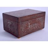 A 1930S INDIAN SILVER INLAID HARDWOOD CASKET decorated with elephants and boats. 15 cm x 10 cm.