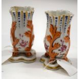 A PAIR OF ANTIQUE FRENCH PORCELAIN SPILL VASES. 12.5 cm high.