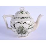 A RARE VICTORIAN 1850-1900 SOUVENIR POTTERY TEAPOT AND COVER. 19 cm wide.