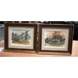 A PAIR OF CONTINENTAL FRAMED OIL ON CANVAS by John Bassage, street scenes. 19 cm x 24 cm.