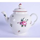 AN 18TH CENTURY BRISTOL TEAPOT AND COVER painted with flowers. 15 cm wide.
