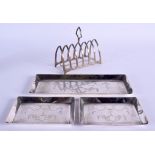 THREE ANTIQUE SILVER DISHES and a silver toast rack. 12.6 oz. (4)