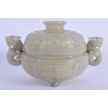 AN EARLY 20TH CENTURY CHINESE TWIN HANDLED JADE CENSER AND COVER of archaic form, with animal mask h