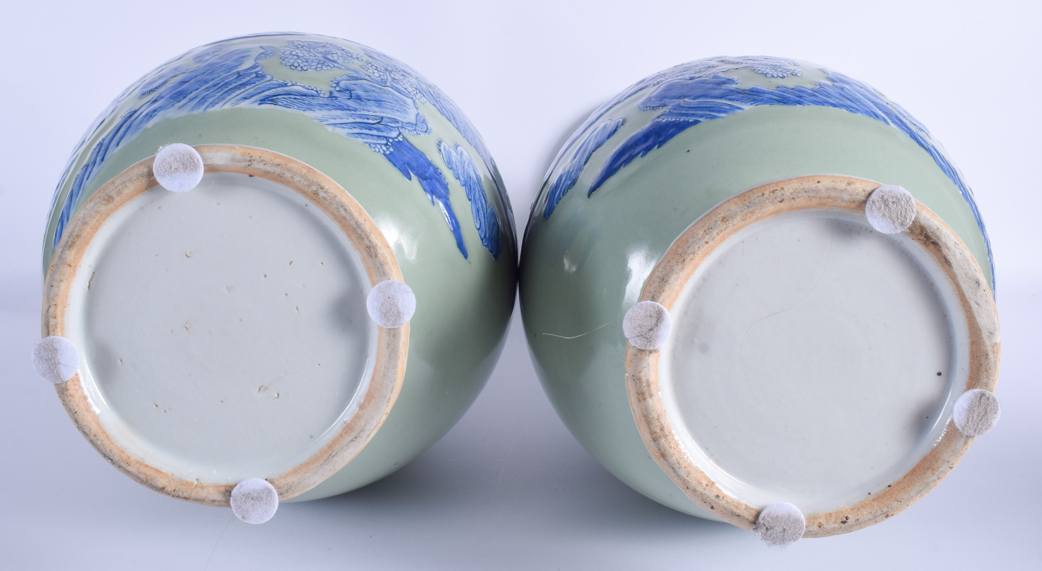 A LARGE PAIR OF 19TH CENTURY CHINESE CELADON BLUE AND WHITE VASES Late Qing, painted with figures in - Image 7 of 7