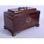 A GEORGE III MAHOGANY RECTANGULAR TEA CADDY with brass lock plate. 25 cm x 18 cm.