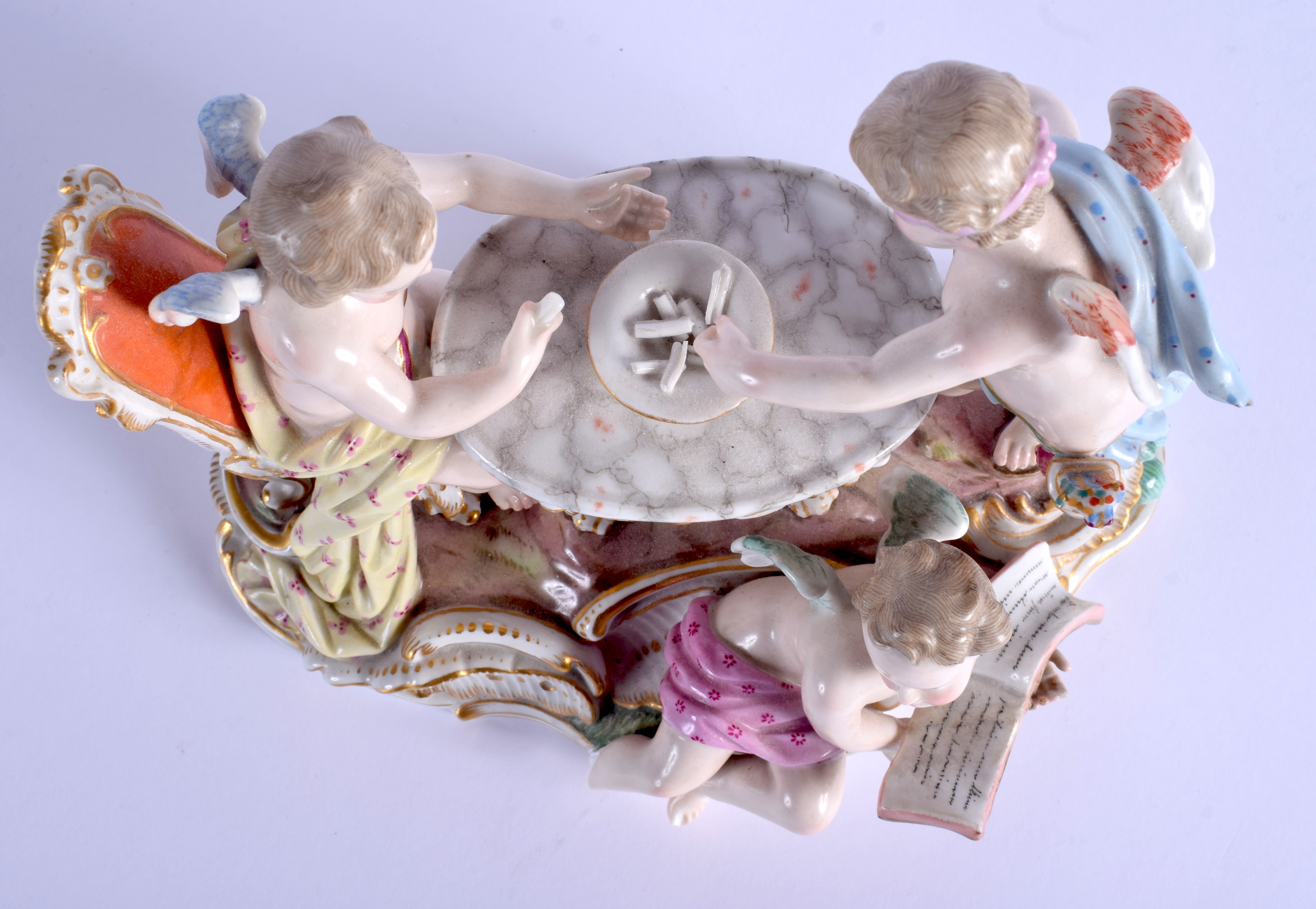 A LARGE 19TH CENTURY MEISSEN PORCELAIN FIGURAL GROUP modelled as putti playing blind mans bluff upon - Image 6 of 6
