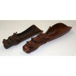 A CHINESE BRONZE DRAGON SCOOP and a wood scoop. Largest 15 cm & 10 cm long. (2)