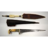 TWO 19TH CENTURY CONTINENTAL KNIVES with carved ivory handles. 36 cm & 39 cm long. (2)