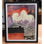 AN ABSTRACT WATERCOLOUR Phyllis Bray, horses within a landscape. 46 cm x 36 cm.
