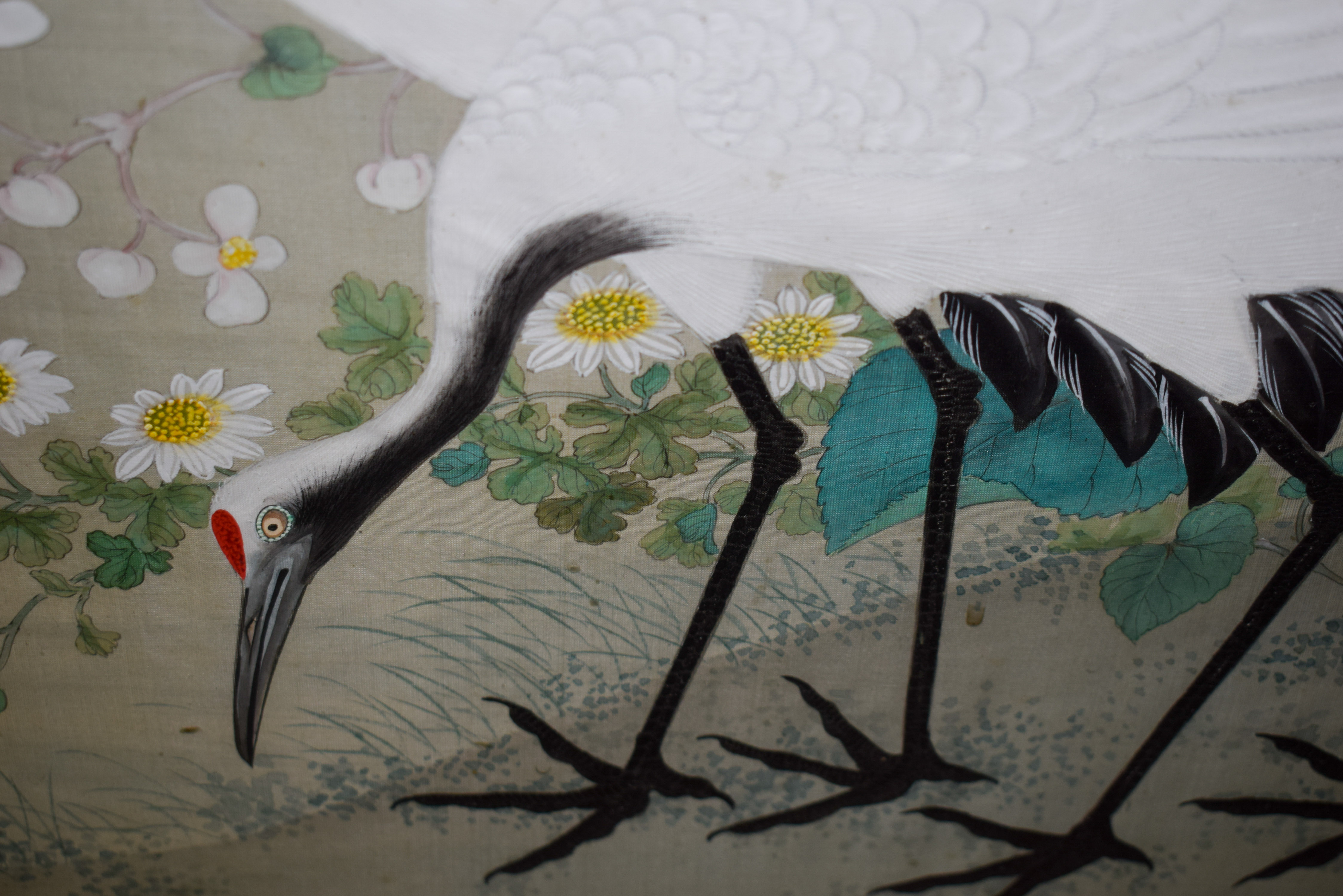 A 19TH CENTURY JAPANESE MEIJI PERIOD THREE PANEL SILKWORK SCREEN painted with birds within a landsca - Image 23 of 27