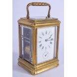A 19TH CENTURY FRENCH REPEATING GRAND SONNERIE CARRIAGE CLOCK with dual plain enamelled dial. 15 cm