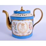 A LARGE LATE 19TH CENTURY FRENCH POWDER BLUE PORCELAIN TEAPOT AND COVER painted with putti and acorn