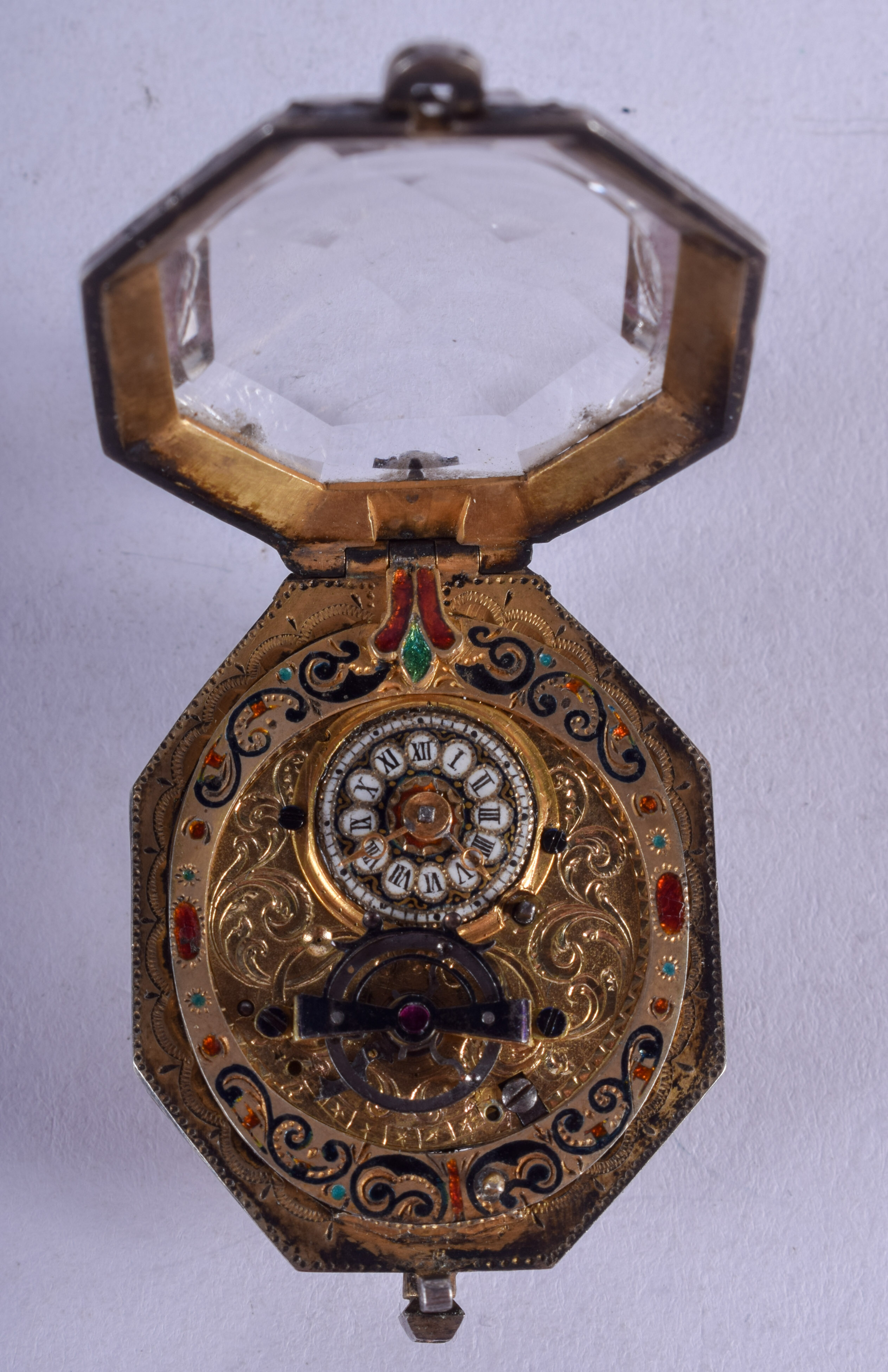 A VERY RARE 19TH CENTURY SWISS SILVER AND ENAMEL FOB WATCH enamelled with foliage and vines. 3.5 cm - Image 3 of 4