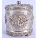 AN EARLY 20TH CENTURY CHINESE STRAITS SILVER CENSER AND COVER decorated with buddhistic figures. 190
