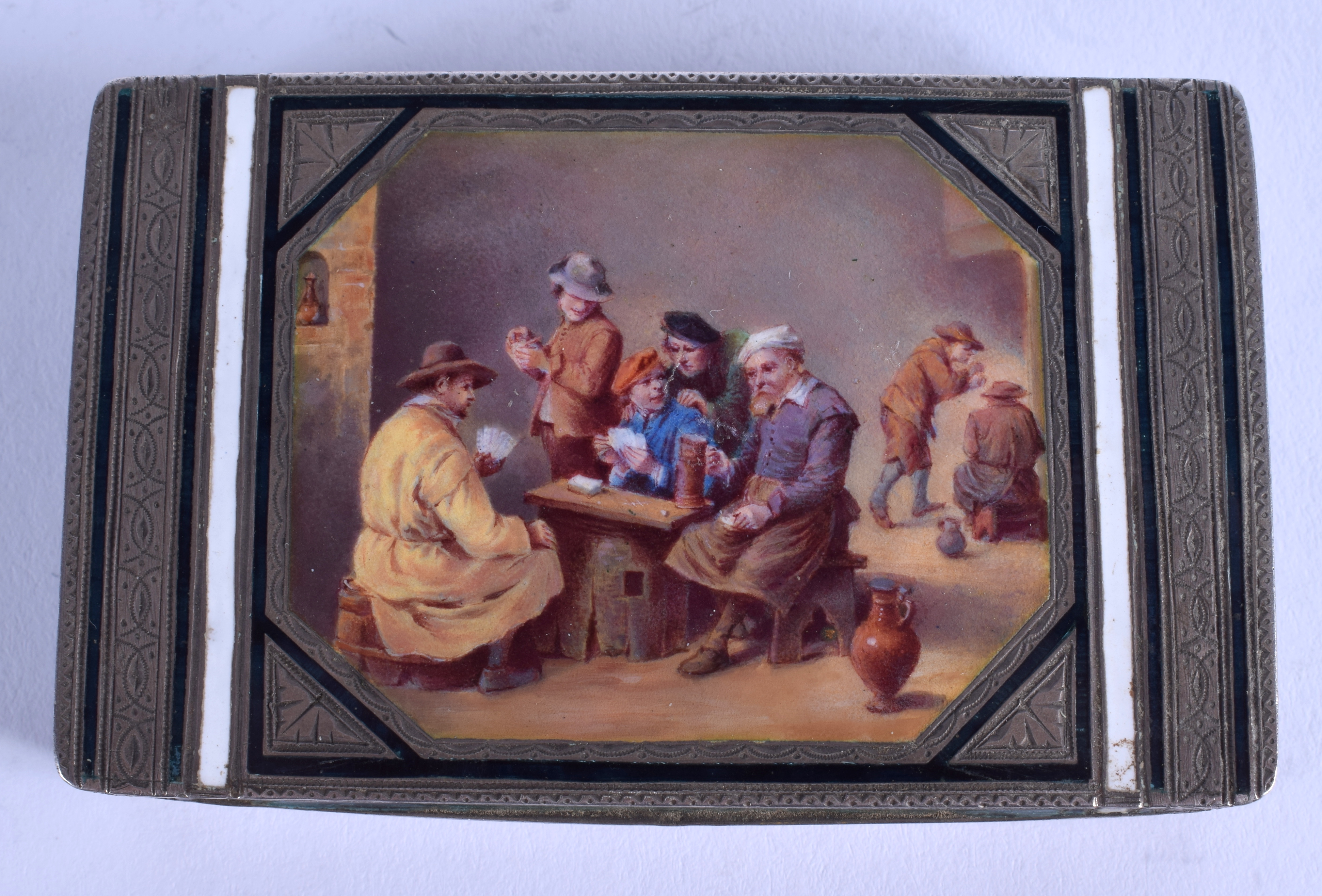 A FINE ANTIQUE SWISS SILVER AND ENAMEL RECTANGULAR SNUFF BOX painted with a tavern scene. 5.1 oz. 8.