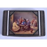 A FINE ANTIQUE SWISS SILVER AND ENAMEL RECTANGULAR SNUFF BOX painted with a tavern scene. 5.1 oz. 8.