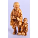 A 19TH CENTURY JAPANESE MEIJI PERIOD CARVED IVORY NETSUKE modelled as father and son pouring from a