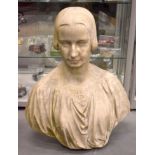 A LARGE 19TH CENTURY EUROPEAN CARVED GRAND TOUR MARBLE BUST OF A FEMALE modelled wearing a cross pen