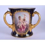 AN ANTIQUE VIENNA PORCELAIN LOVING CUP. 14 cm x 14 cm.