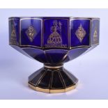 AN ANTIQUE BRISTOL BLUE PEDESTAL GILT PAINTED BOWL decorated with figures. 20 cm x 18 cm.