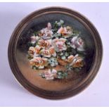 A 19TH CENTURY FRENCH SILVER GILT CIRCULAR BOX AND COVER inset with a watercolour of flowers. 4.8 oz