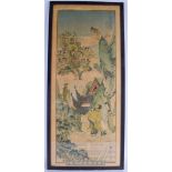 A LARGE 19TH CENTURY JAPANESE MEIJI PERIOD WOOD BLOCK PRINT ON SILK depicting figures in landscapes.