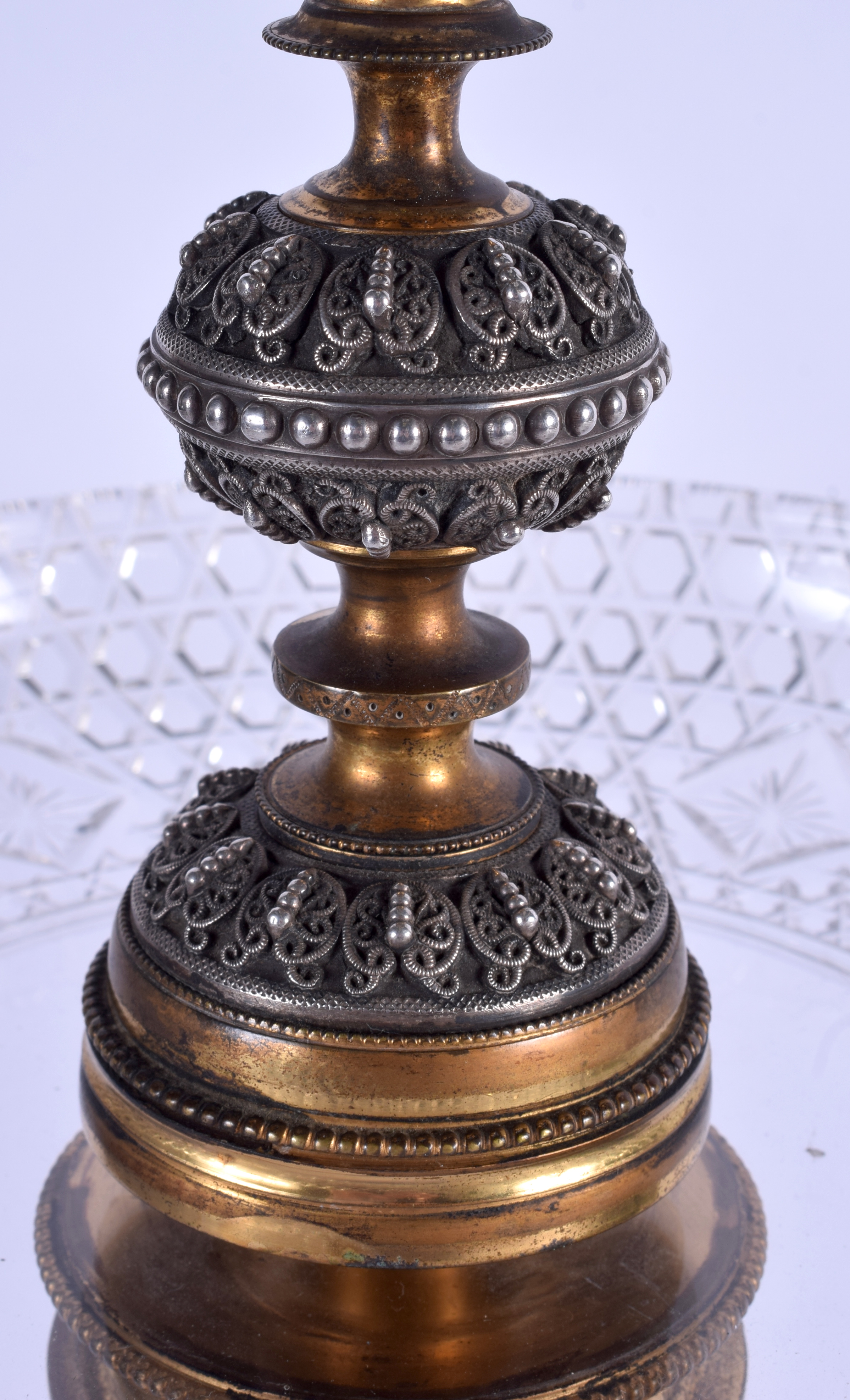 A LARGE 19TH CENTURY ENGLISH SILVER PLATED BRASS PEDESTAL CUT EPERGNE formed as a figure holding alo - Image 4 of 6