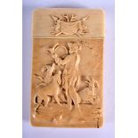 A 19TH CENTURY BAVARIAN BLACK FOREST CARVED IVORY CARD CASE decorated with hunting scenes. 10 cm x 6