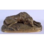 A 19TH CENTURY FRENCH BRONZE FIGURE OF A RECLINING HOUND by Paul Joseph Raymond Gayrard (1807-1855).