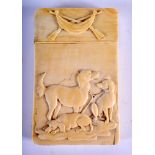 A 19TH CENTURY BAVARIAN BLACK FOREST CARVED IVORY CARD CASE decorated with hunting scenes. 9 cm x 6