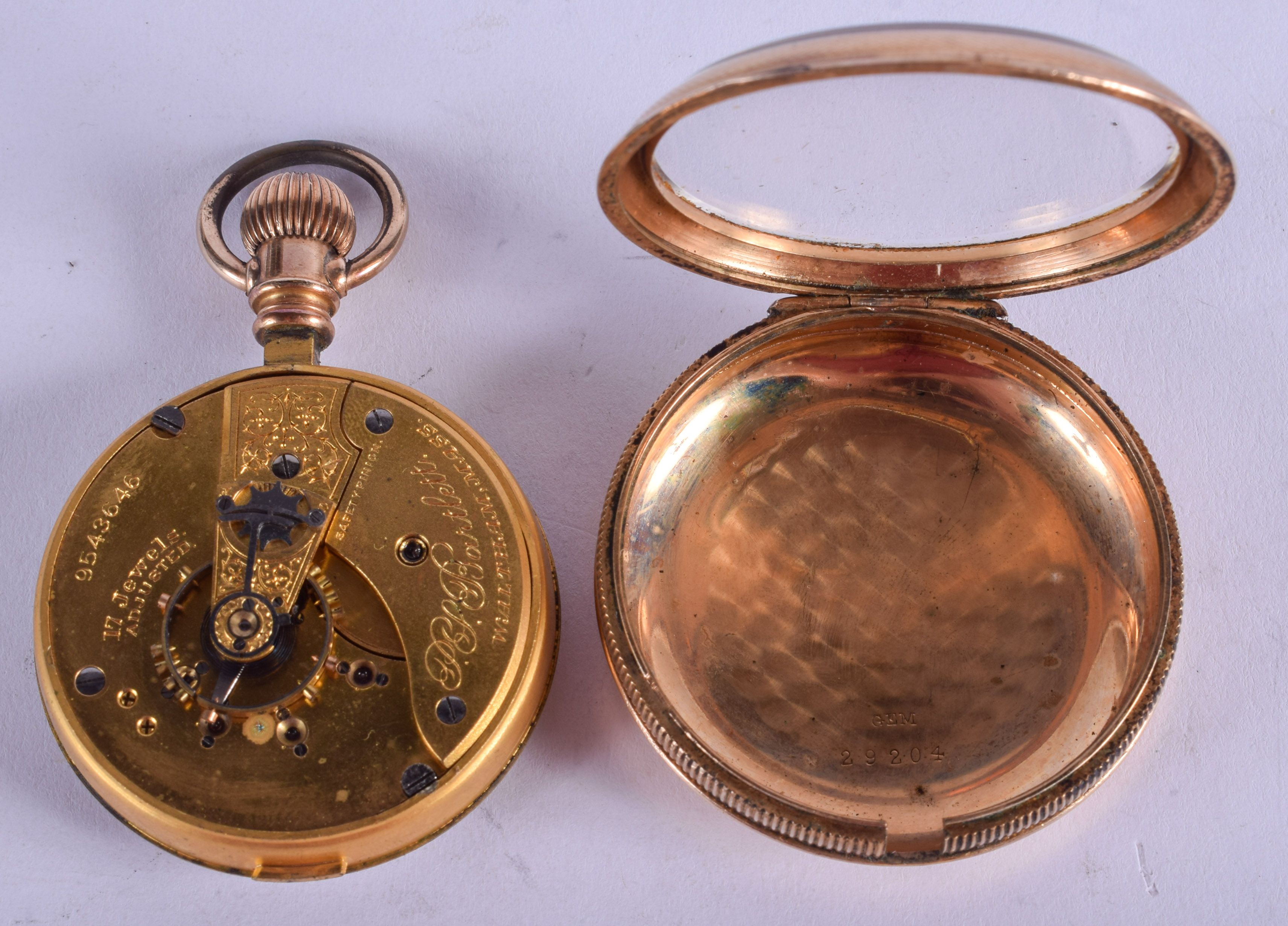 AN ANTIQUE GOLD PLATED WALTHAM POCKET WATCH. 5.25 cm wide. - Image 3 of 3