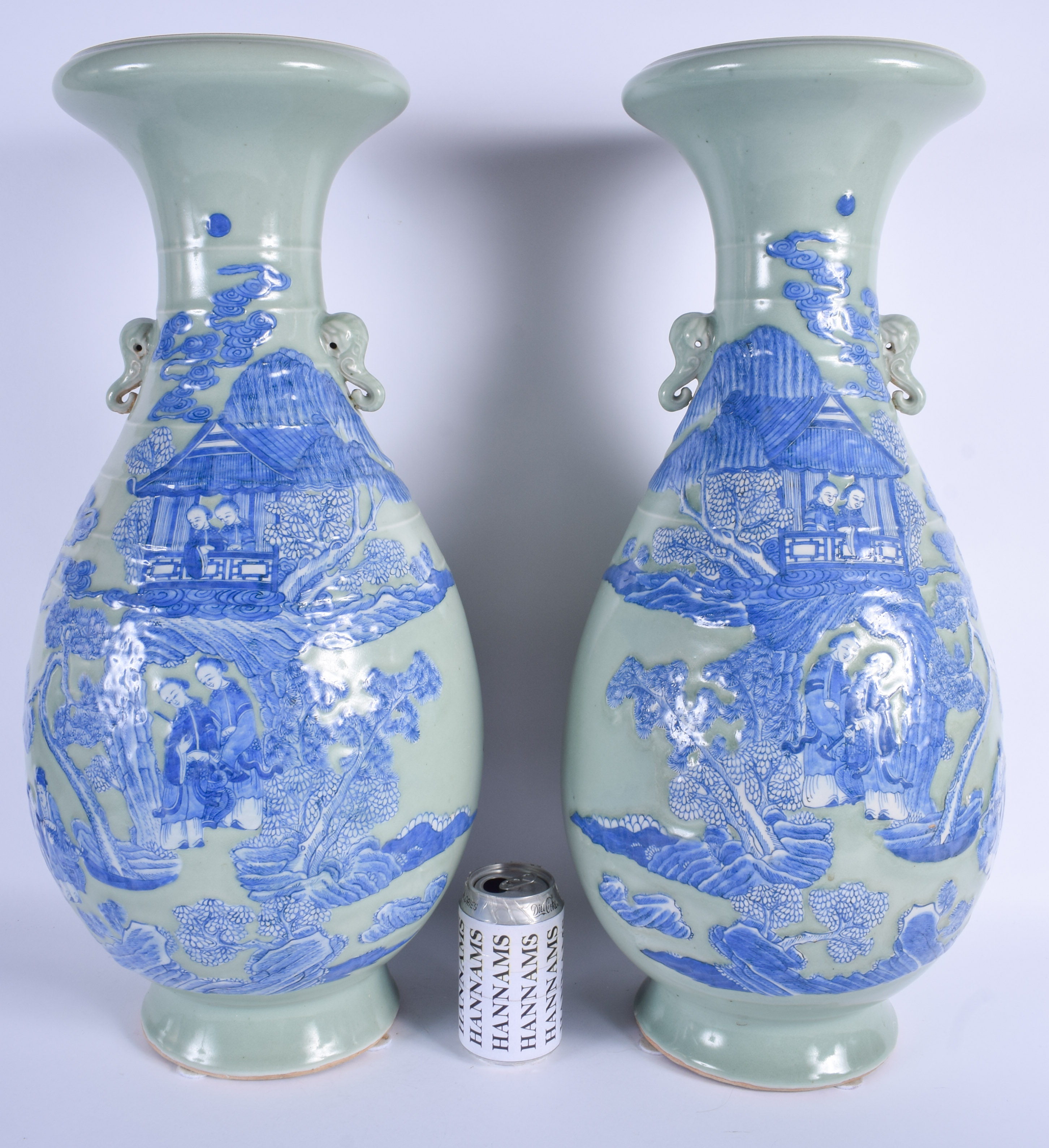 A LARGE PAIR OF 19TH CENTURY CHINESE CELADON BLUE AND WHITE VASES Late Qing, painted with figures in