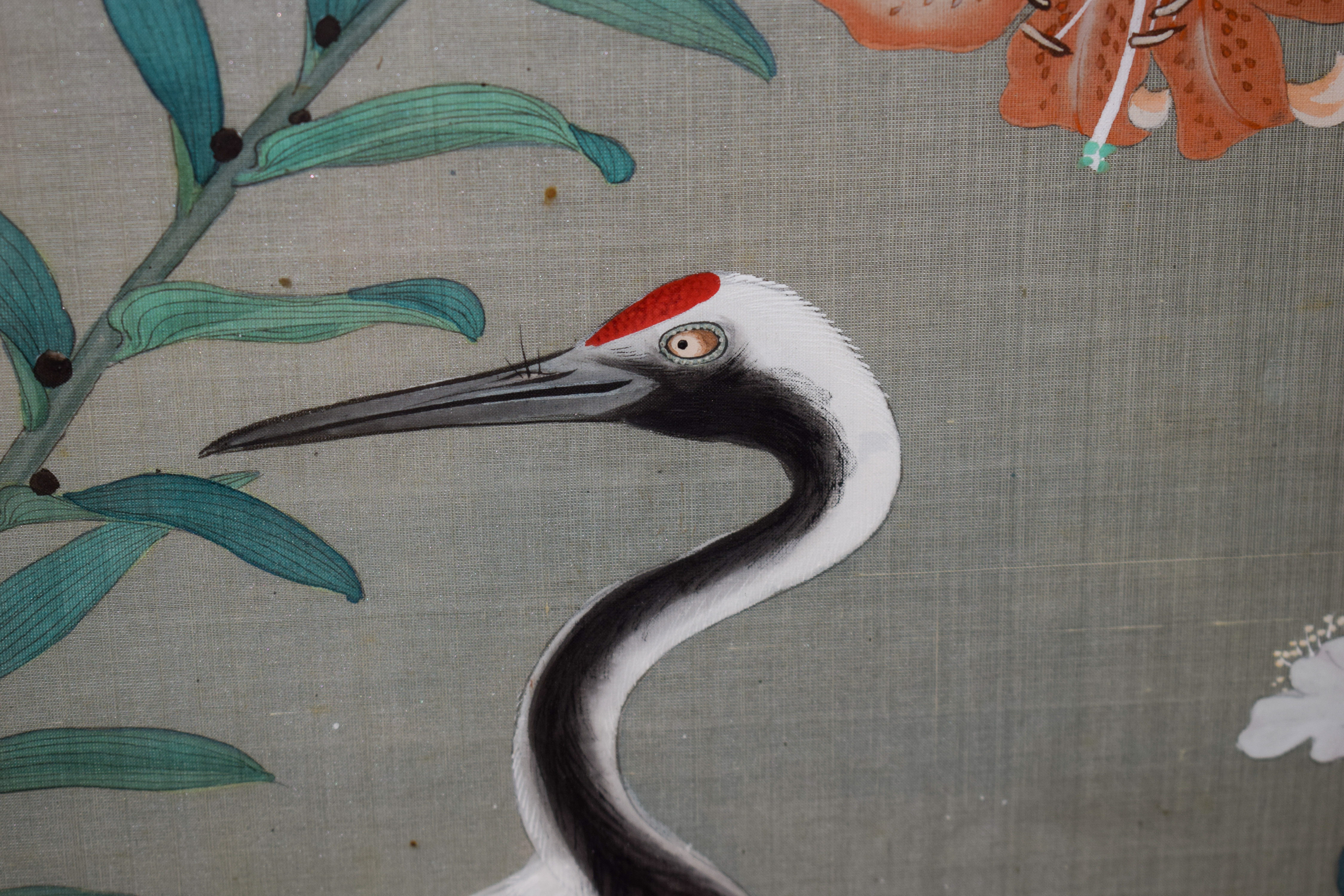 A 19TH CENTURY JAPANESE MEIJI PERIOD THREE PANEL SILKWORK SCREEN painted with birds within a landsca - Image 15 of 27