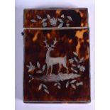 A 19TH CENTURY BAVARIAN BLACK FOREST TYPE TORTOISESHELL CARD CASE decorated with stags and foliage.