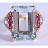 A STYLISH 1970S 14CT GOLD AQUAMARINE RUBY AND DIAMOND RING. 12.4 grams. P.