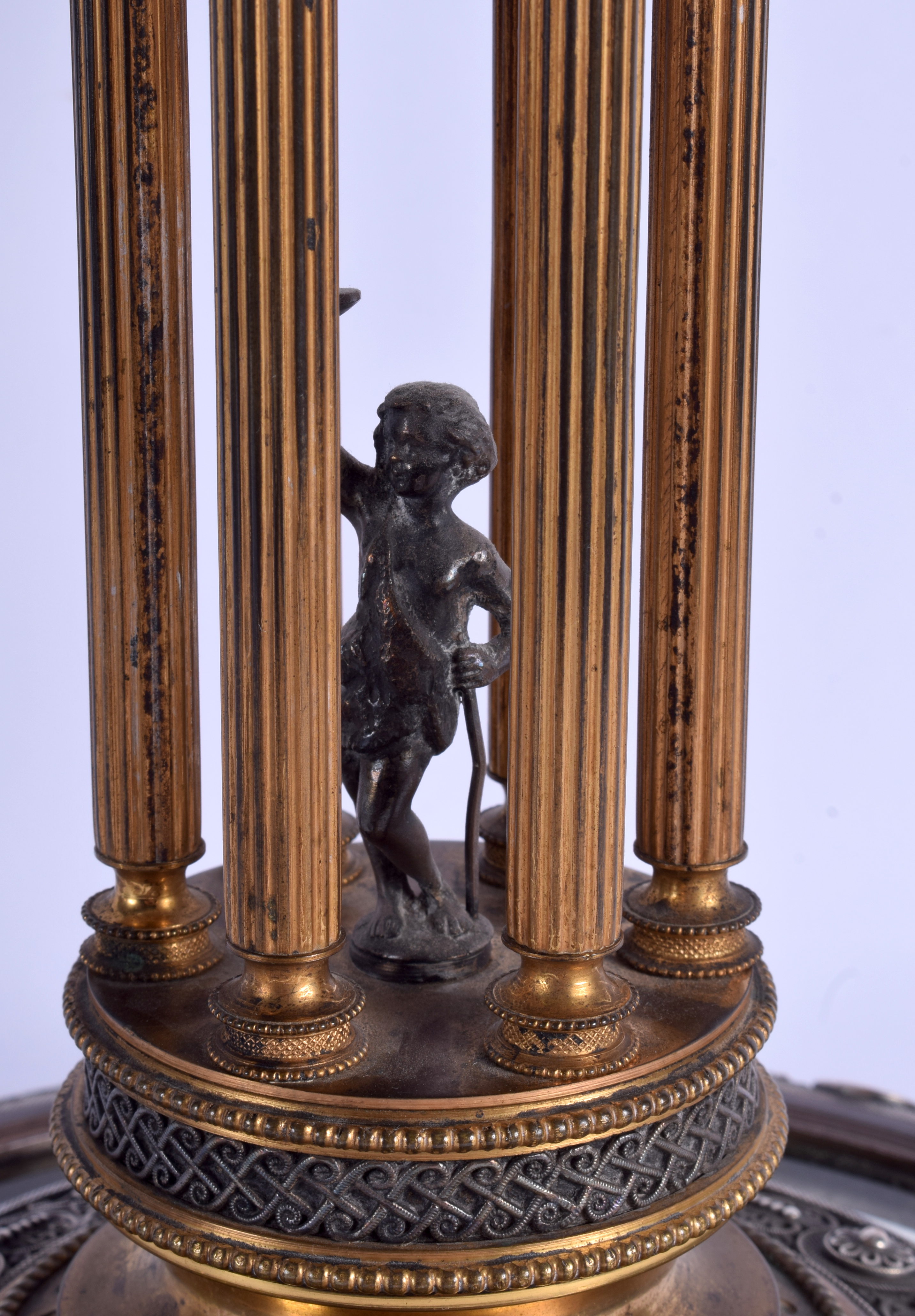 A LARGE 19TH CENTURY ENGLISH SILVER PLATED BRASS PEDESTAL CUT EPERGNE formed as a figure holding alo - Image 2 of 6