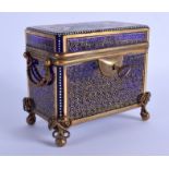 A GOOD 19TH CENTURY MOSER BOHEMIAN BLUE GLASS CASKET jewelled in white enamel with floral sprays and
