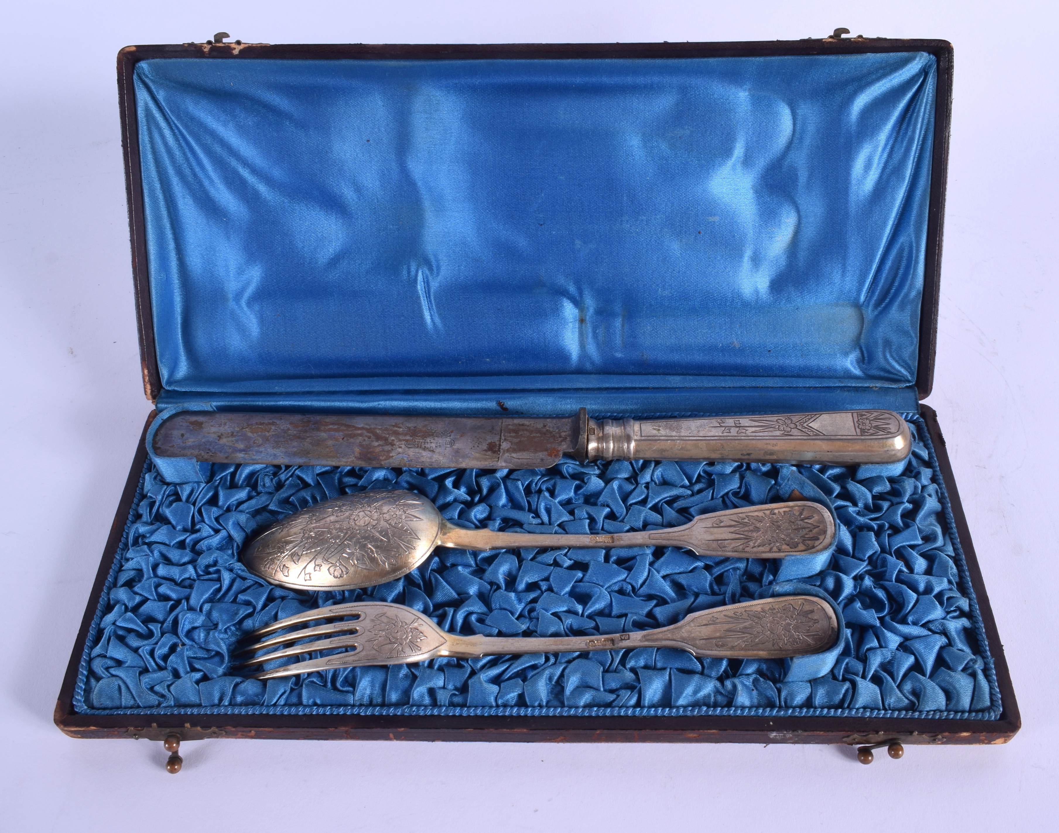 A CASED SET OF 19TH CENTURY RUSSIAN SILVER CUTLERY by Petr Abrosimov, Assay mark Anatoly Artsybashev